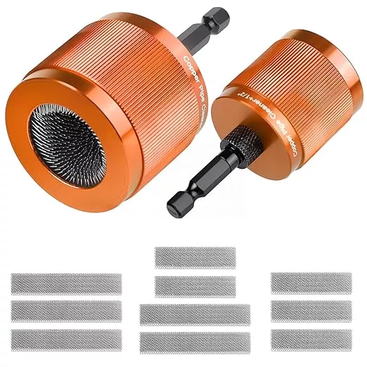 1/2" & 3/4" Copper Pipe Cleaner Set for Drill, with 1/4" Hex Shank & 10 Brush Blades Plumbing Tools for Removing Rust, Stains & Paint from Copper & Metal Pipes