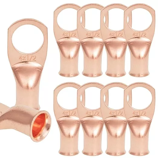 10 PCS 4AWG - 1/2''Stud Heavy Duty Copper Terminals,Battery Cable Crimp Lugs,Battery Cable Ends, Bare Copper Eyelets Tubular Ring Terminals,Closed End Crimp Electric Connectors