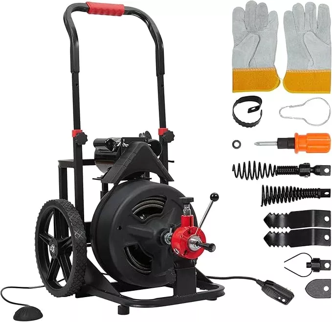100Ft 1/2 Inch Auto-feed Electric Drain Cleaner Machine, Heavy-duty Drain Auger for 1” to 4” Pipes w/ 6 Cutters, Gloves, Drain Auger Cleaner Sewer Snake