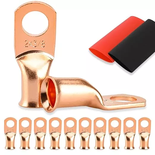10PCS Battery Cable Ends, 2 Gauge Wire Connectors 3/8 Copper Wire Lugs, Bare Copper Eyelets with Heat Shrink Tubing by HOUSUN