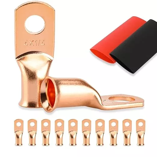 10PCS Battery Cable Ends, 4 Gauge Wire Connectors 1/4 Copper Wire Lugs, Bare Copper Eyelets with Heat Shrink Tubing by HOUSUN