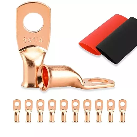 10PCS Battery Cable Ends, 8 Gauge Wire Connectors 1/4 Copper Wire Lugs, Bare Copper Eyelets with Heat Shrink Tubing by HOUSUN