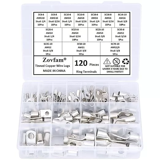 120 Pcs Assorted Heavy Duty Wire Lugs Battery Cable Tinned Copper Eyelets Tubular SC Ring Terminals Connectors with Spy Hole Assortment Kit
