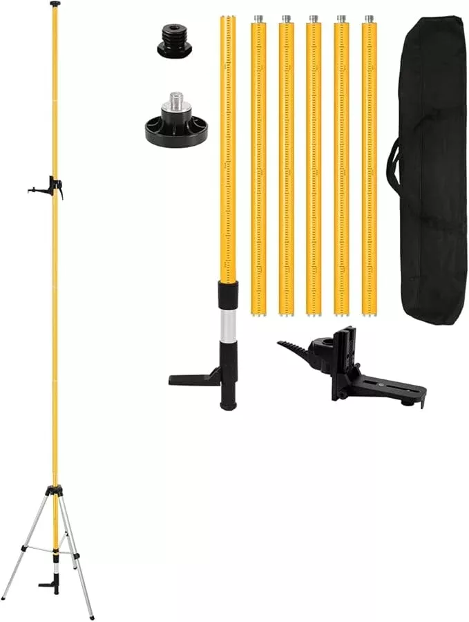 13.8Ft/4.2M Professional Telescoping Laser Level Pole with Tripod & Laser Mount - 1/4"-20 & 5/8"-11 Adapters, Adjustable Laser Pole Mount for Rotary/Line Lasers