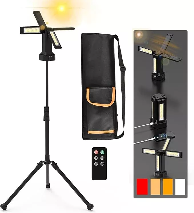 13200mAh Rechargeable Solar Work Light with Folding Stand and Carrying Bag, AODOO 8000 Lumen Stepless Dimmable, White/Warm/Nature White/RED(SOS) with Detachable Tripod (Black) (Black(no Tripod))