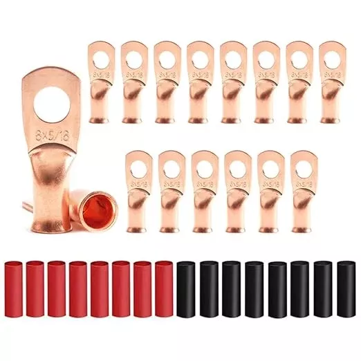 16Pcs Battery Cable Ends 6 AWG 5/16" Stud Copper Ring Terminals Wire Lugs with 16Pcs Heat Shrink Tubing 6 Gauge Battery Cable Lugs Heavy Duty Cable Lugs Bare Copper Eyelets Tubular Ring Terminal