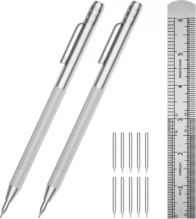 2-Pack Tungsten Carbide Scriber, Metal Scribe Tool with 25 Replacement Marking Tips & Steel Ruler - Knurled Aluminum Handle & Magnet, Engraving Pen for Glass/Ceramics/Metal Sheet (2)