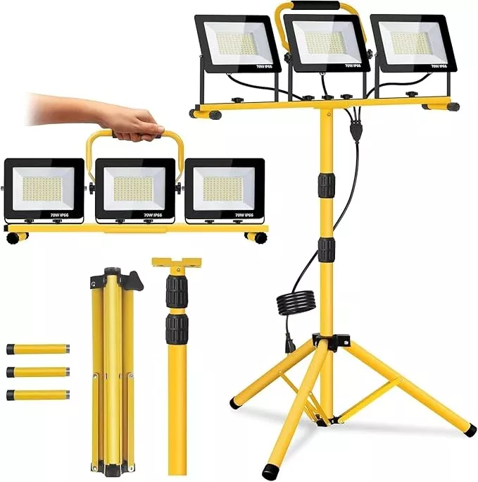 21000 Lumen LED Work Light with Stand -3 Head Portable Work Light 6500 Kelvin Color IP66 Waterproof Tripod Worklights for Job Site Workshop Garage Construction Site Lighting (3-Head)