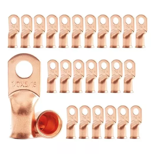 25Pcs 1/0 AWG 5/16" Stud Tinned Copper Ring Terminals Battery Cable Ends Wire Lugs 1/0 Gauge Battery Cable Lugs Heavy Duty Cable Lugs Bare Copper Eyelets Tubular Ring Terminal Connectors