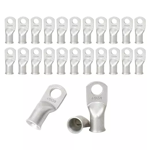 25Pcs 4/0 AWG 3/8"(M10) Stud Tinned Copper Ring Terminals Battery Cable Ends Wire Lugs 4/0 Gauge Battery Cable Lugs Heavy Duty Cable Lugs Bare Copper Eyelets Tubular Ring Terminal Connectors