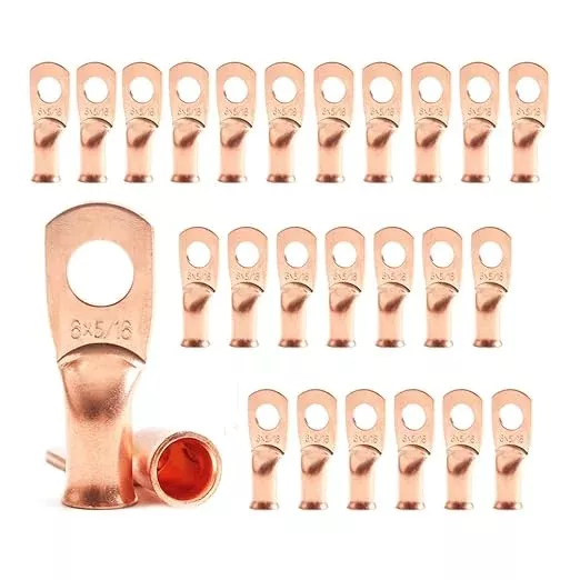 25pcs 6 AWG 5/16" Stud Copper Ring Terminals Battery Cable Ends Wire Lugs 6 Gauge Heavy Duty Cable Lugs Bare Copper Eyelets Tubular Ring Terminal Connectors