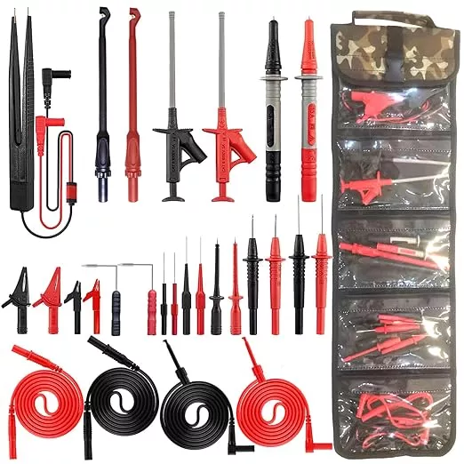 28PCS Multimeter Test Leads Kit with 6 Pockets Roll Up Tool Bag, Replaceable Wire Piercing Probes, Alligator Clips, Test Hook Clips, Test Tweezer for Digital Electrical Multimeter Testing