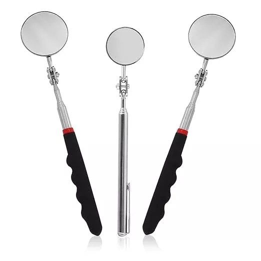 3 PCS Inspection Mirror, Telescopic Mechanic Mirror, Comfortable Grip, 360 Degree Rotation for Technicians Mechanics Contractors to Inspect and Observe (Round)