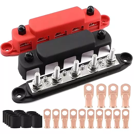 300A Bus Bar 5 Post 12V-48V DC Power Distribution Block,5 * 5/16"(M8) Battery Terminal Studs with Cover and Wire Lugs for Wiring,Automotive,Marine,Battery busbar (Red&Black)