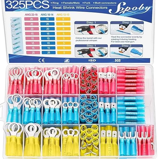 325PCS Marine Grade Heat Shrink Wire Connectors - Sopoby Electrical Connectors Kit of Tinned Red Copper, AWG 22-10 Waterproof Crimp connectors terminals Insulated Ring Fork Spade Butt Splices