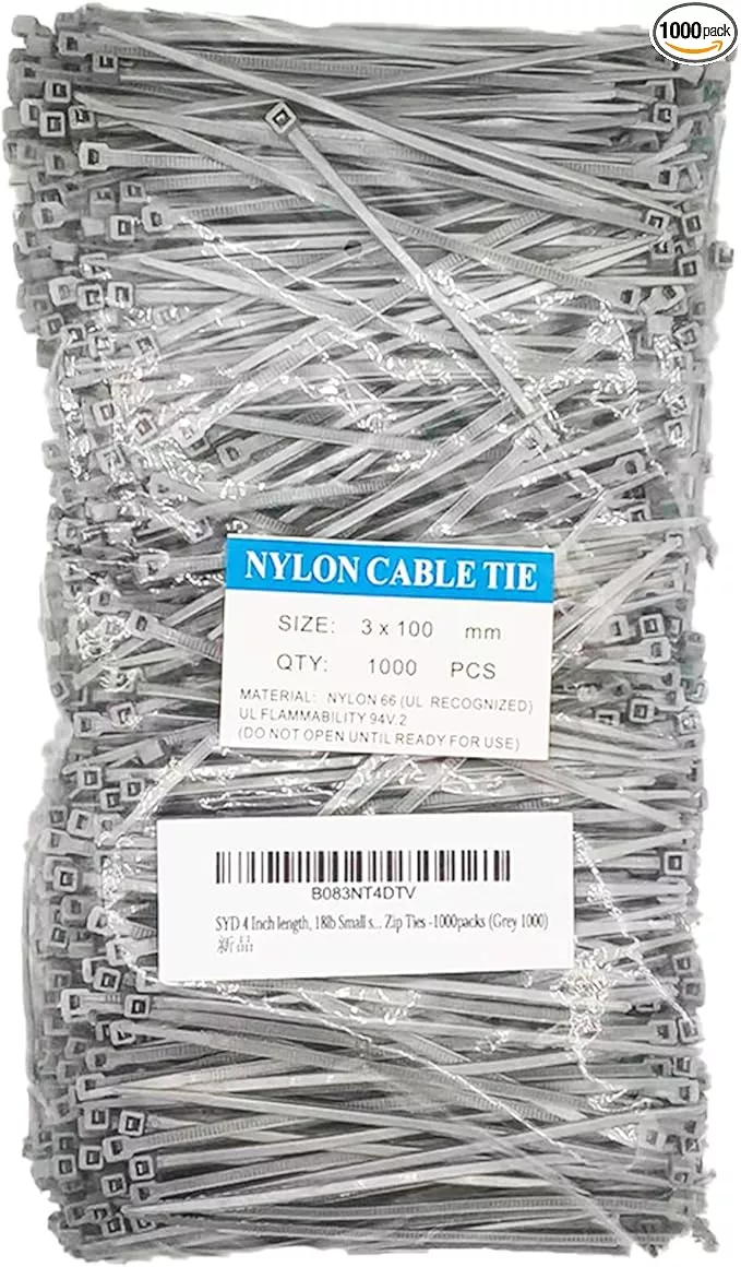 4 Inch Grey Zip Ties (1000 Pieces), 18lb Strength, Nylon Cable Wire Ties