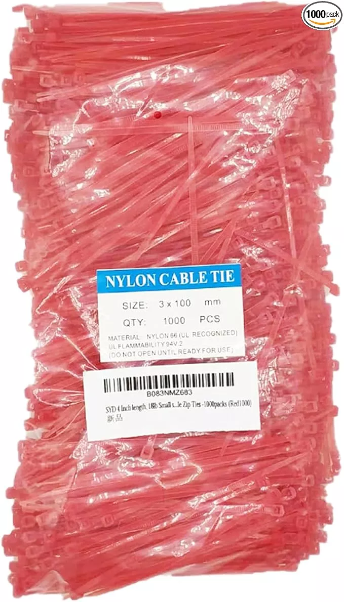 4 Inch Red Zip Ties (1000 Pieces), 18lb Strength, Nylon Cable Wire Ties