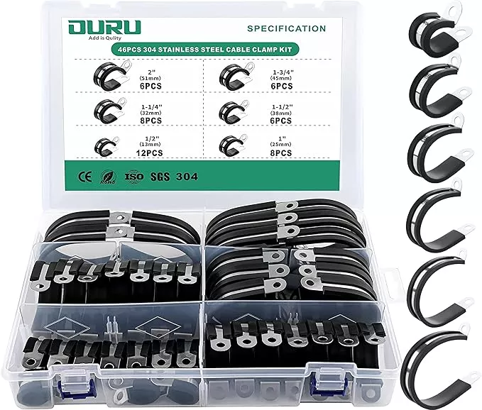 46PCS Cable Clamps Assortment Kit,Stainless Steel Rubber Coated Cushioned Insulated Cable Clamp,Automotive Wire Clamps,Pipe Clamps,Metal Clamp in 6 Sizes—1/2'' 1'' 1-1/4'' 1-1/2'' 1-3/4'' 2''