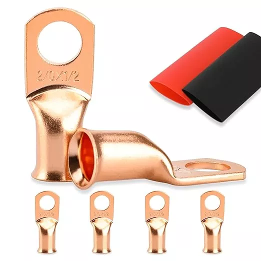 4PCS Battery Cable Ends, 2/0 Gauge Wire Connectors 1/2 Copper Wire Lugs, Bare Copper Eyelets with Heat Shrink Tubing by HOUSUN