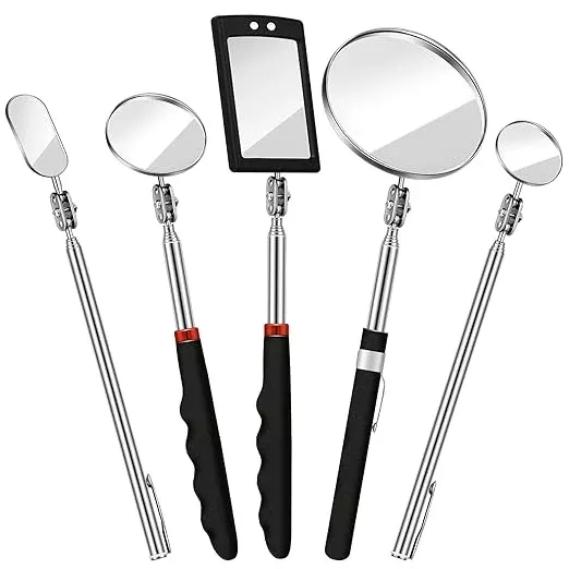 5 Pcs Telescoping Inspection Mirror Set Round Stainless Steel Mirror 360 Rotation Adjustable Inspection Tool with Long Handle for Check The Vehicle, Observe The Eyelashes, Mouth(Classic Style)
