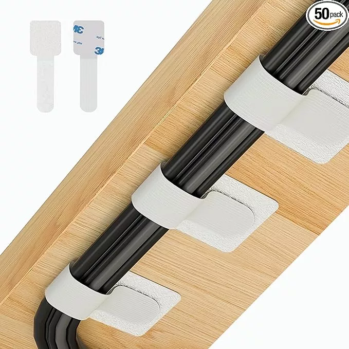 50 PCS Hook and Loop Cable Ties, Under Desk Cable Management, Self Adhesive Cable Clips Straps, Sticky-Back Cord Organizer, Wire Organizer for TV PC Laptop Ethernet Desktop, White