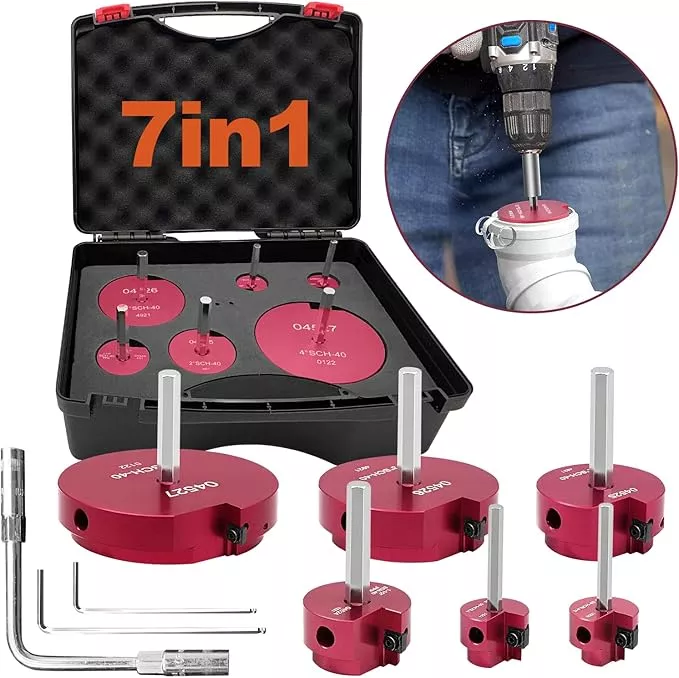 6 Piece PVC Pipe Reamer Kit With A Socket Wrench, 0.75" 1" 1.5" 2" 3" 4 Inch Plastic Pipe Fitting Reamer Tools Contain PPR75, PPR100, PPR150, PPR200, PPR300, PPR400, Fit Standard 3/8" & 1/4" Drills