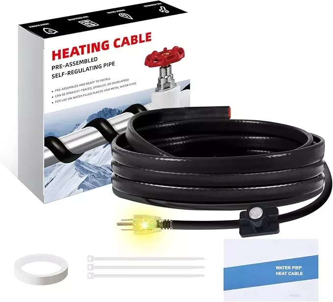 6FT Heat Cable for Water Pipes, Prevent Freezing & Easy Installation, Water Pipe Heat Cable With Thermostat Self-Regulating, Pipe Heating Trace System 120 V