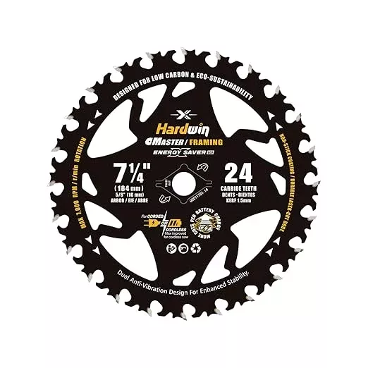 7 1/4 Inch Framing Circular Saw Blade-1Pack, 24T ATB Carbide Teeth, Lightweight for Cordless Saws. Super Thin Kerf for Cutting Wood, Plywood, MDF, OSB, Hardwood, Softwood & More.