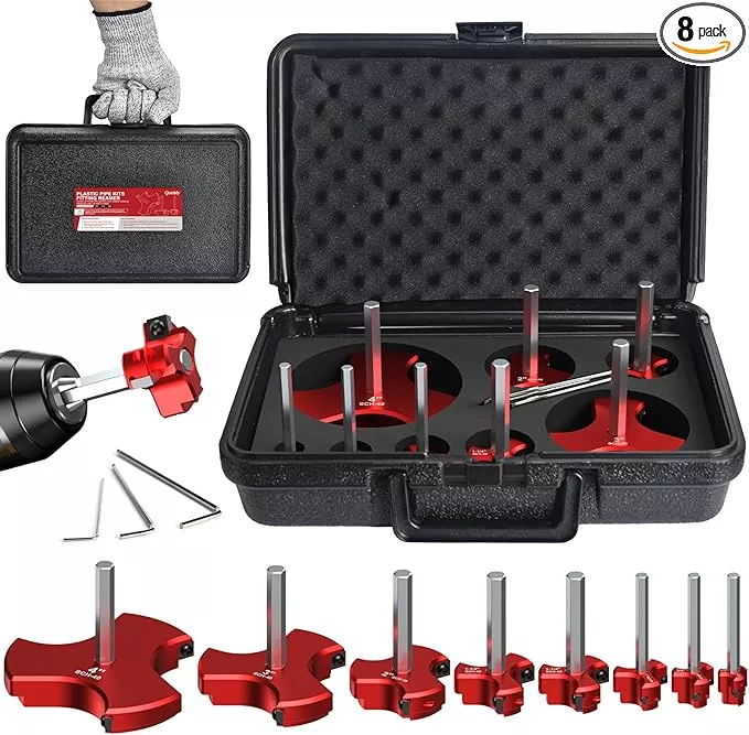 8Pcs Plastic Pipe Reamer Kit - Qoobly PVC Fitting Saver Compatible with 1/2" Drills - Pipe Reamer Tool for SCH40 Includes 1/2'' 3/4'' 1'' 1-1/4'' 1-1/2'' 2'' 3'' 4'' for PVC CPVC ABS Pipes Repairs