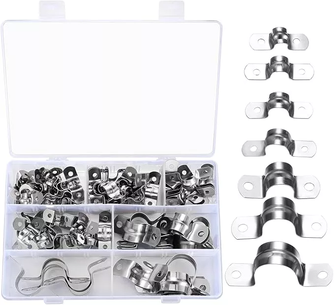 90 Pcs Two Hole Strap U Clamp,Pipe Strap U Bracket Clamp, Stainless Steel Rigid Pipe Strap U Bracket Tube Strap Clamp Kit for Pipe Tube Fixing Mounting - 5/16" 3/8" 9/16" 1/2" 5/8" 3/4" 1"