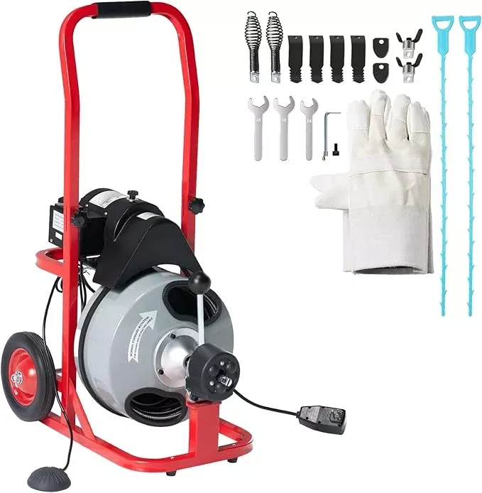 Albott 100 FT x 1/2 inch Electric Drain Cleaner Machine with Auto-Feed & 10 Cutters, Sewer Snake Auger for 1–4 Inch Pipes, Foot Switch & Wheels, Ideal for Home & Commercial Use, Gray/Red