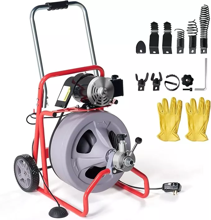 Albott 100 FT x 3/8 inch Electric Drain Cleaner Machine with Auto-Feed & 9 Cutters, Sewer Snake Auger for 1–4 Inch Pipes, Foot Switch & Wheels, Ideal for Home & Commercial Use, Grey/Red