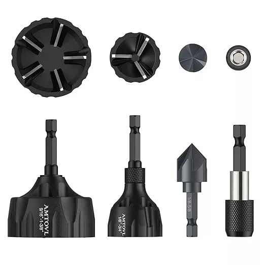 AMTOVL 4PCS Deburring External Chamfer Tool & Countersink Drill Bit Set - YG8 Tungsten Carbide & M2 HSS, Quick Release Chamfering Tool for 1/8"-1-3/8" Bolts, Thread Repair & Metal Edge Deburring