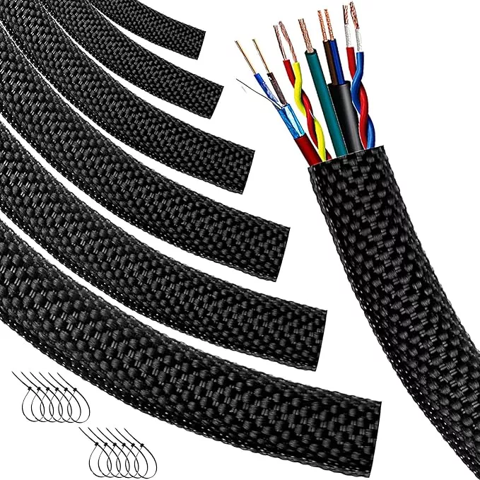 Automotive Wire Loom High Temperature Braided Wraps, Split-Sleeve Heat Resistant Wiring Tubing Cord Cover for Harness Wires, Self-Wrapping Heavy Duty Sheathing Cable Management Black（10ft-1/8inch ）