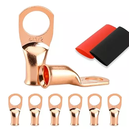 Battery Cable Ends, 8PCS 4 Gauge Wire Connectors 1/2 Copper Wire Lugs, Bare Copper Eyelets with Heat Shrink Tubing