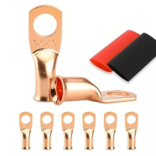 Battery Cable Ends, 8PCS 8 Gauge Wire Connectors 5/16 Copper Wire Lugs, Bare Copper Eyelets with Heat Shrink Tubing