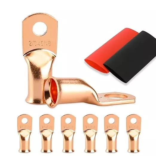 Battery Cable Ends, 8PCS Battery Cable Ends, 2/0 Gauge Wire Connectors 5/16 Copper Wire Lugs, Bare Copper Eyelets with Heat Shrink Tubing