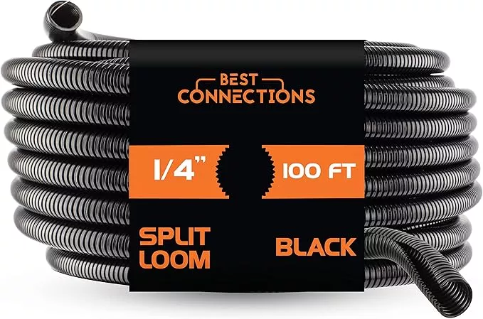 BEST CONNECTIONS (1/4" x 100 ft) Split Wire Loom Flex-Guard Convoluted Tubing Protective Split Cable Sleeves for Automotive Home Industrial Electrical Wires Chemical Resistant Conduit Black