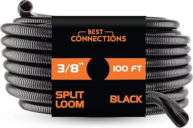 BEST CONNECTIONS (3/8" x 100 ft) Split Wire Loom Flex-Guard Convoluted Tubing Protective Split Cable Sleeves for Automotive Home Industrial Electrical Wires Chemical Resistant Conduit Black