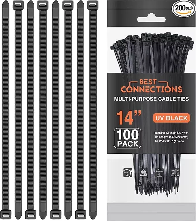 BEST CONNECTIONS Black Cable Ties 200 Pack Cable Zip Ties 14 Inch – Multi-Purpose Self-Locking Nylon Wire Ties with 50 Lbs Tensile Strength – Cable Management Ties for Outdoor & Indoor