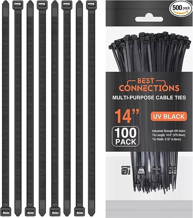 BEST CONNECTIONS Black Cable Ties 500 Pack Cable Zip Ties 14 Inch – Multi-Purpose Self-Locking Nylon Wire Ties with 50 Lbs Tensile Strength – Cable Management Ties for Outdoor & Indoor