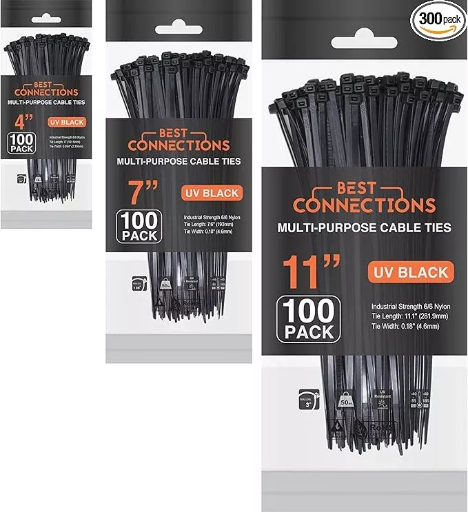 BEST CONNECTIONS Black Cable Zip Ties 300 Pack Assorted Sizes 4+7+11 Inch (100 Pack Each) – Multi-Purpose Self-Locking Nylon Wire Ties with 50 Lbs Tensile Strength – Cable Management