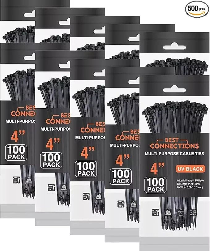 BEST CONNECTIONS Black Zip Ties – 500 Pack Cable Ties 4 Inch – Multi-Purpose Self-Locking Nylon Wire Ties with 18 Lbs Tensile Strength – Cable Management Ties for Outdoor & Indoor