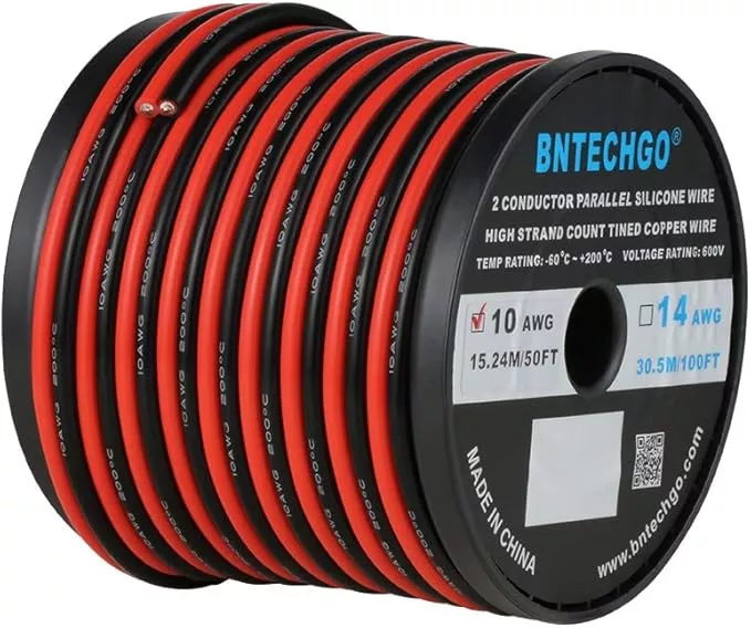 BNTECHGO 10 Gauge Flexible 2 Conductor Parallel Silicone Wire Spool Red Black High Resistant 200 deg C 600V for Single Color LED Strip Extension Cable Cord,Model,25ft Stranded Tinned Copper Wire
