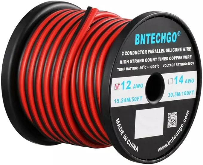 BNTECHGO 12 Gauge Flexible 2 Conductor Parallel Silicone Wire Spool Red Black High Resistant 200 deg C 600V for Single Color LED Strip Extension Cable Cord,Model 250ft Stranded Tinned Copper Wire