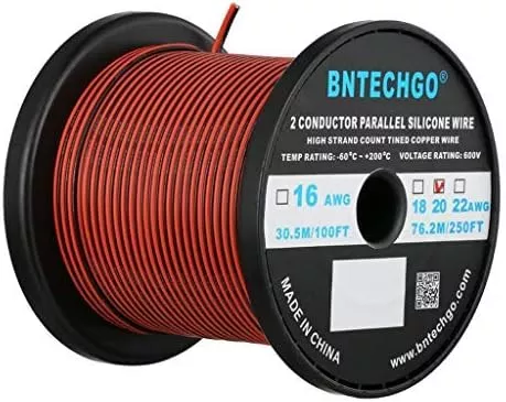 BNTECHGO 20 Gauge Flexible 2 Conductor Parallel Silicone Wire Spool Red Black High Resistant 200 deg C 600V for Single Color LED Strip Extension Cable Cord,Model,100ft Stranded Tinned Copper Wire