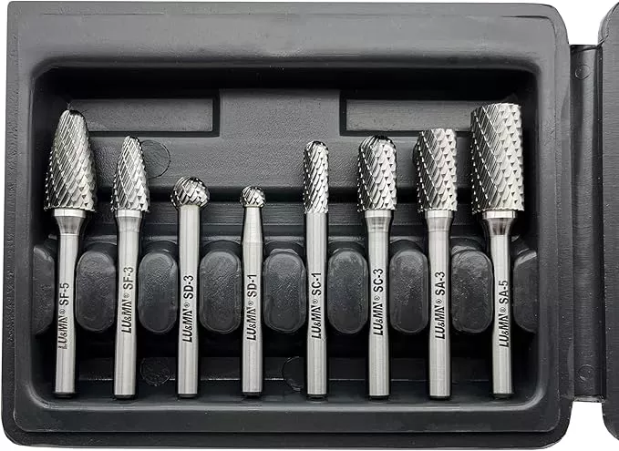 Carbide Burrs Set 8pcs with 1/4" Shank Double Cut Solid Carbide Rotary Burr Set for Die Grinder Drill,Metal Carving, Polishing,Engraving,Drilling