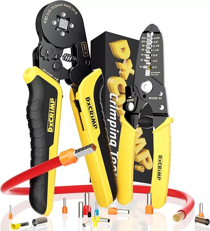 Crimping Tool For Ferrule Electrical Connectors - Ratcheting Wire Crimper for 24-8 AWG - Crimping Pliers - Wire Crimp Tool - Ferrule Crimper Plier - Crimping Tool set with Wire Strippers