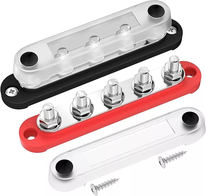 DAIERTEK 12V Bus Bar 5 x 5/16" (M8) Terminal Studs 12V Power Distribution Block with Cover Max 300V AC 48V DC Positive & Negative Battery Distribution Block for Automotive Car Boat