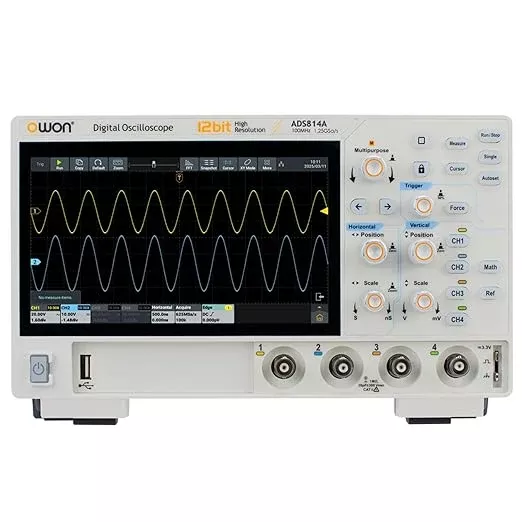Digital Oscilloscope ADS814A 100MHz Bandwidth OWON 4 Channel Oscilloscope with 1.25GSa/s Sample Rate 12bits Vertical Resolution 50M Memory Depth 7 inch LCD Oscillograph